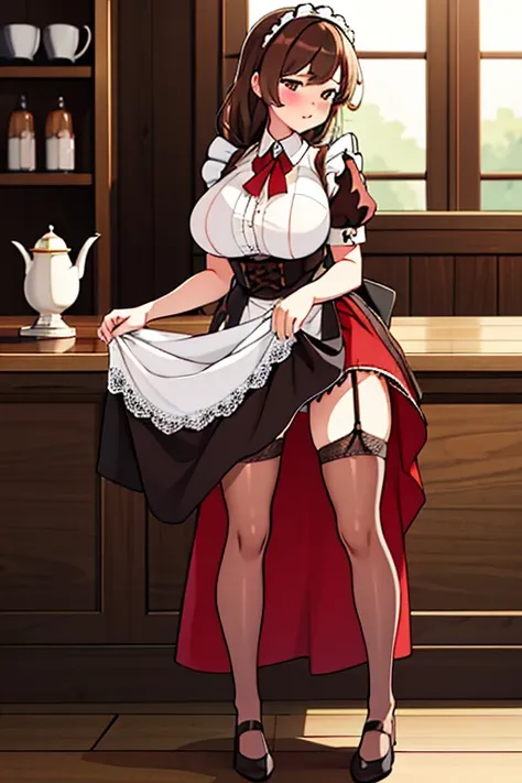 ​masterpiece, top-quality, 1girl in, (full body Esbian), The cloth digs into the crotch, (Brown hair), full of shyness, red blush, (length hair),（（maid clothes））、（（tucking up the skirt））、garter stocking、garterbelts、Sexy lingerie、Composition looking up from...