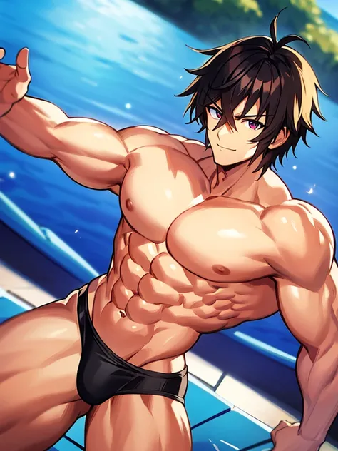 Muscular and sexy man flexing naked looking at camera 2D anime illustration