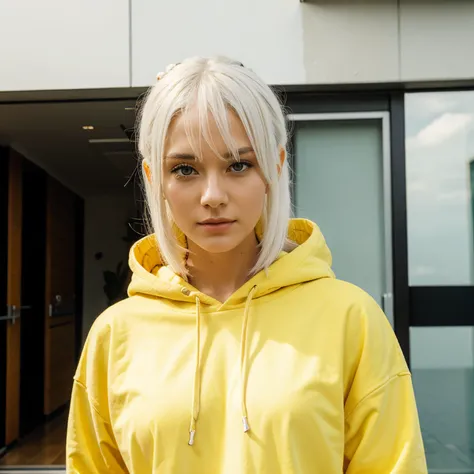 A woman with white hair and red eyes is wearing a yellow hoodie