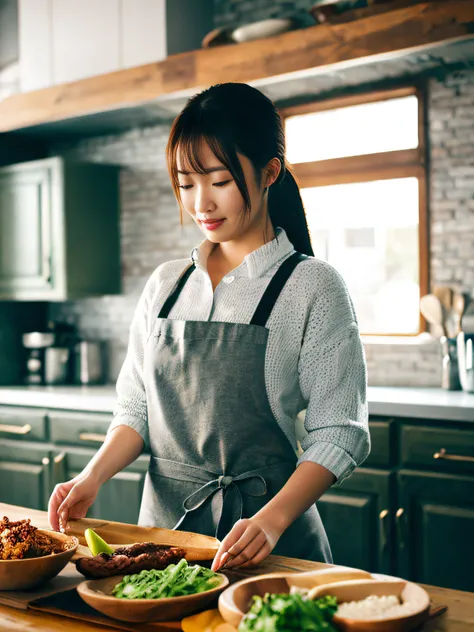 a woman cooking in the kitchen, beautiful, apron, casual outfit, modern kitchen, highly detailed, dynamic lighting, depth of field, sharp focus