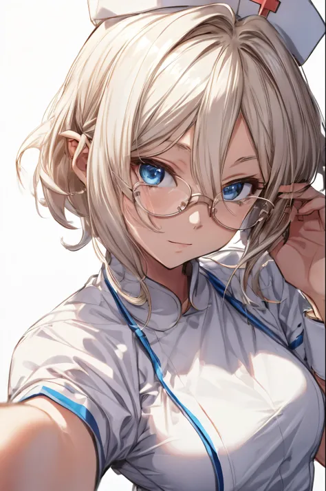 add_detail:0, kokkoro (princess connect!), blonde hair, blue eyes, glasses, white background, nurse cap, nurse, nice hands, perfect hands