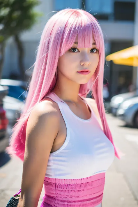 gamer girl, vibrant pink hair, white fringe