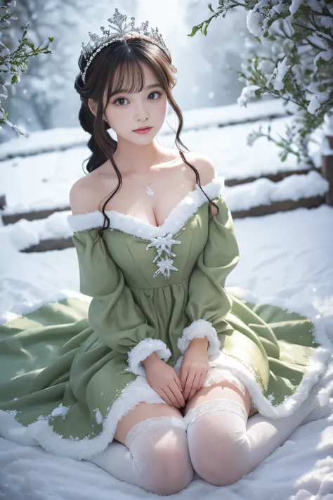 best quality, ultra-detailed, realistic:1.37, ((white snow)), queen, lush green forest, sparkling magic mirror, magic apple, pur...