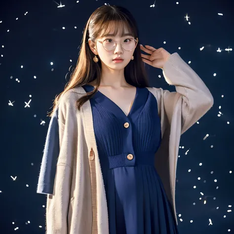 boasts shoulder-length golden hair and dons a deep navy blue one-piece dress adorned with constellations. Silver accessories, including a constellation charm bracelet and earrings, complement her attire. Ballet flats with constellation details complete the...