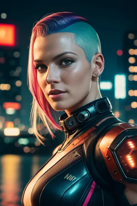 (Beautiful mature female (perfect face)), (Milla Jovovich:0.3), wicked smile, pale skin, (skin texture:1.1), (high detail sexy cyberpunk clothing), (high detail eyes:1.2), (multi coloured hair), (side of head shaved), fit athletic body, cyberpunk city at n...