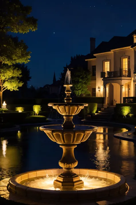 European style fountain，Night view of mansion，courtyard，Night light，Greenery