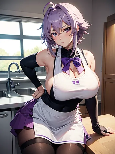 anime (Kampfer), teen lady , sexy (very big boobs), actress (Mikoto Kondou) , gray short hair to shoulders length , purple eyes, stockings, tights, Wear an apron , multiple ahoge, twin ahoge, She cooks in the school kitchen