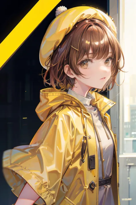 1 girl， brown short  hair with bang，yellow raincoat，beret，small breats