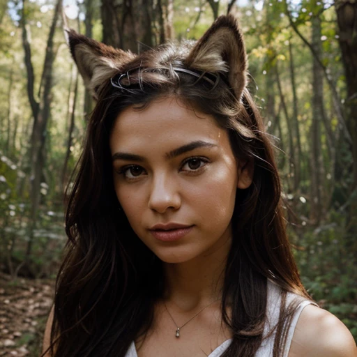 Create a photograph of a woman with wolf ears, en un bosque .