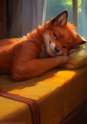 beautiful and detailed portrait of a (((feminine))) male anthro fox, kenket, Ross Tran,ruan jia, uploaded to e621, zaush, foxovh, cenematic lighting, ,(((confident, seductive))) smile bedroom, (((laying on))) bed, pillows, full body, blush face