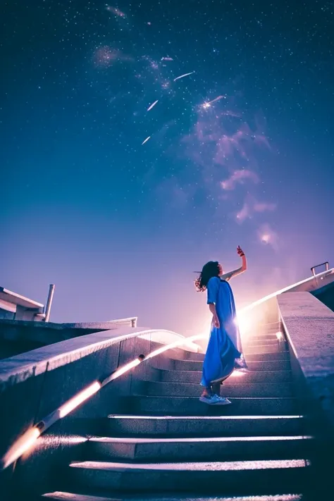 Artistic gas flow background with white light burst on blue center、Mysterious cloud stairs leading to the sky、A woman stands admiringly in front of the spiritually beautiful sky