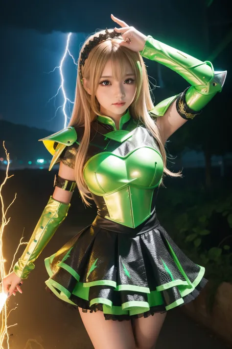 Female Idol Knight Doll Rubody Esbian Covered in Lightning、、Lightning knight armor fashion（fluorescent green and gold）、