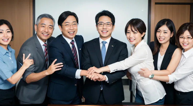 High quality photo of a fun-loving business team of elderly beautiful and handsome modern Japanese office workers working together.]