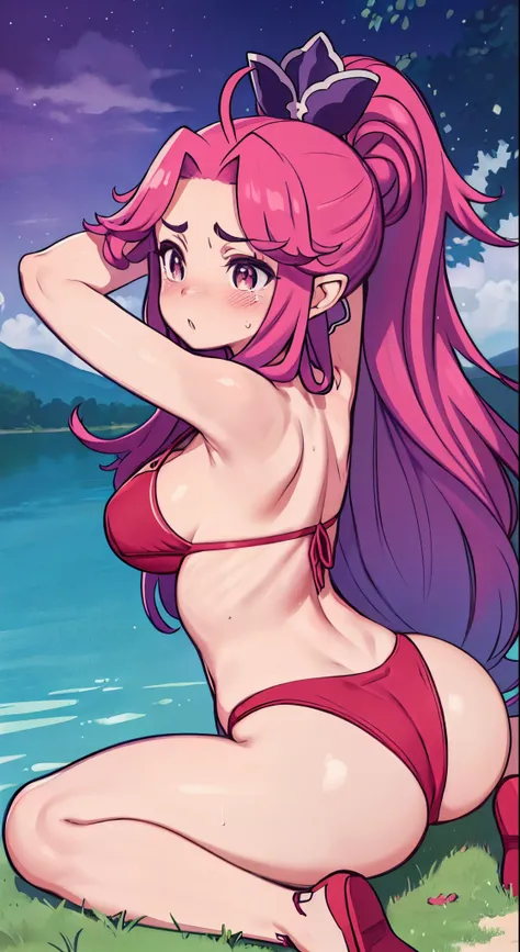 (( 1girl in)), NSFW、、blush、purple color  hair、(((gargantuan butt)))、((thick thighs))、Sweat、:o、Long hair、((Red bikini))、(((embarrassed from)))、 Crying、Hands behind the head、(Armpits)、Lake at night、 sitting on ground、verd s eyes、(((spreading legs)))