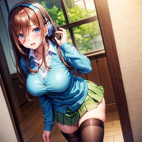 Brown-haired schoolgirl、Green skirt、light blue cardigan、Semi-long hair、Blue headphones、Black stockings、red blush