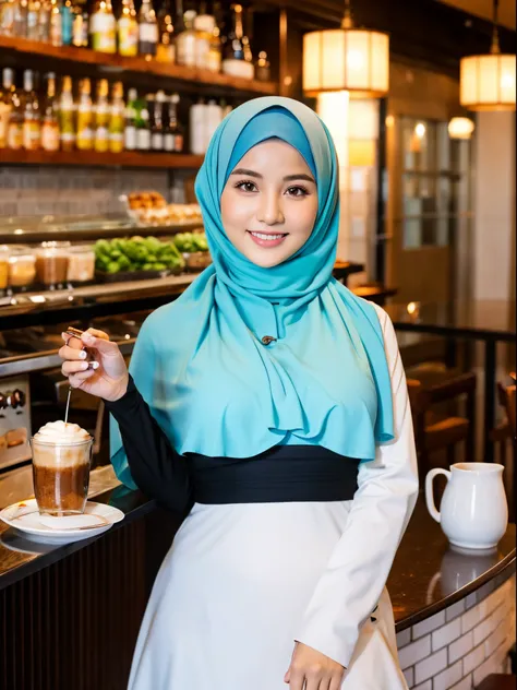 women, big breast, hijab, gamis, cafe