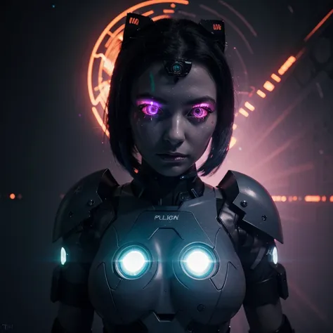 Cosmic Fallen cybernetic police gir , glowing light eyes, Biomechanical, eerie, Creepy, nightmarish, Very bright colors, Light particles, with light glowing, Mshiff, wallpaper art, UHD wallpaper, bigger breast