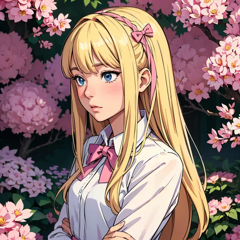 (Best Quality, Sharp anime eyes), elegant, feminine, detailed_background, garden , closeup, straight long hair,hair bow,pixelated,blush,luca (kuruton486),blonde hair bow,highres,1girl,letterboxed,solo,kuruton486,pink casual shirt,blue eyes,shirt,parted ban...