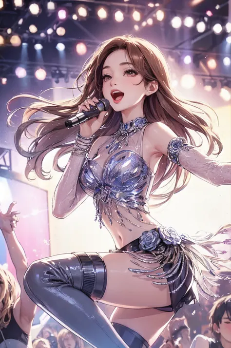 1lady solo, K-POP artist, (singing:1.2) (dynamic posing:1.2), (stylish outfit), mature female, /(light brown hair/) bangs, light smile, (masterpiece best quality:1.2) delicate illustration ultra-detailed, large breasts BREAK (holding a microphone) BREAK (m...