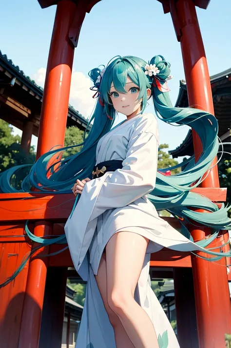 high-level image quality，Full limbs，complete face，complete fingers、miku hatsune，wearing kimonos，Shrine in the background，Dragon in the sky，blue dragon，dragon pokemon，torii gate，Kadomatsu，