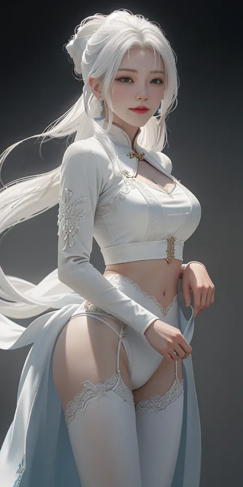 White-haired woman guvez style，Fan Qi，sukanya J，Epic incredible character art，beautiful character painting，Close-up of artwork，Guvitz at Pixiv Art Station，Luxurious waistband，White underwear，Poor eyes.，Decreased body focus，Ribbon and silk，Smile，spreading y...