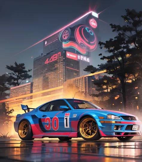 (brightly lit, neon-lit, futuristic:1.2) 90s Japanese modified car (drifting, drifting and creating a large amount of smoke:1.5) along a narrow mountain road at night, with a blue color that reminds people of the Nissan 300ZX but with a futuristic, somewha...