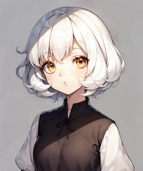 1 girl, upper-body, big face, white colored hair, yellow eyes, black clothing, simple clothes