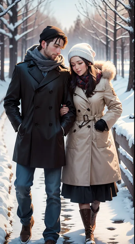 rough oil painting of a couple in love at winter, in the foreground