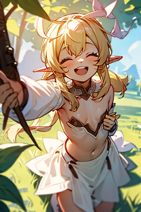 nude, loli, flat chest, outside, playing, open mouth, smiling, laughing, blond hair, elf ears, pointy ears, daylight