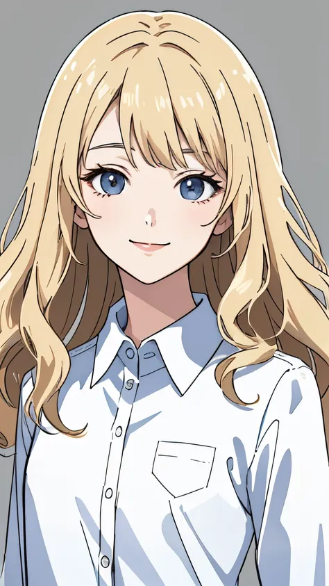 (Masterpiece:1.1), (Best Quality),(illustartion),  Anime style, (1Woman), (), Standing, looking a viewer, close up, Smiling, closed mouth, ( Background), gentle mature face, white professional shirt, dirty blonde hair, mid length hair, Bangs, Wavy Hair, su...