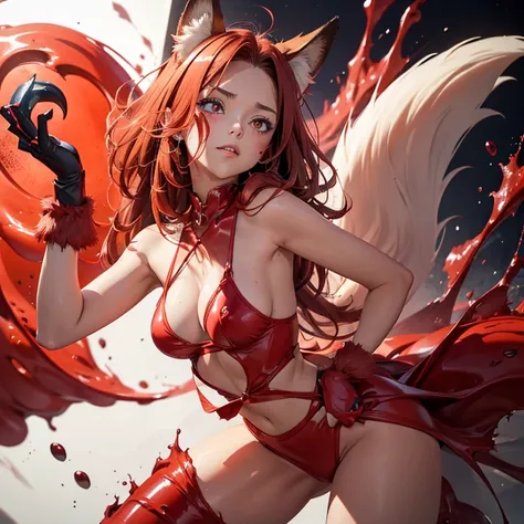 Fox monster beast ear girl，The hand took out a smooth heart covered in red liquid，Be red in the face