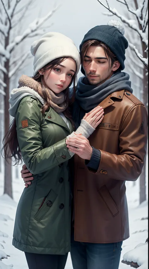 rough oil painting of a couple in love at winter, in the foreground,detailed face,detailed fingers and hands,cold weather, they are in love