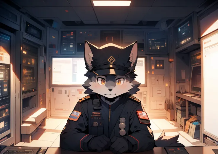 The expression  cold，Out of sorts，Serious，Tall guy，Wolf Clan，solidcolor，Dark gray hair，Golden pupils，Ultimate light and shadow，commander，Officers cap，((worn-out clothing，army suit)) ，((Operational command room，the only person))， ((the detail))