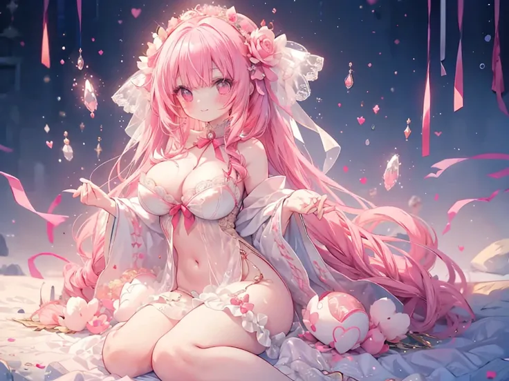 女の子1人、encrusted with pink and red hearts、、Too large breasts、cleavage of the breast、Dress with plenty of pink heart lace.、Large ribbon、lace cape、Lace veil、Eyes of Hearts、Her pale, Soft, Long hair studded with pale hearts..、A smile、Navel Ejection、pink hearts...