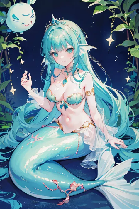 4K,hight resolution,One Woman,Blue-haired、Longhaire,mermaid,Green scales,Colossal tits,Little Mermaid,Seashell Bra,Princess tiara,Pearl decoration,jewel decorations,Undersea background,under the water、I grinned