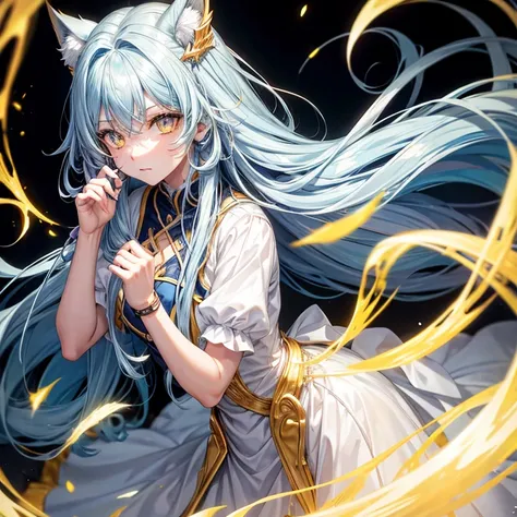 Long hair, light blue hair, yellow eyes