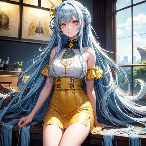 Long hair, light blue hair, yellow eyes