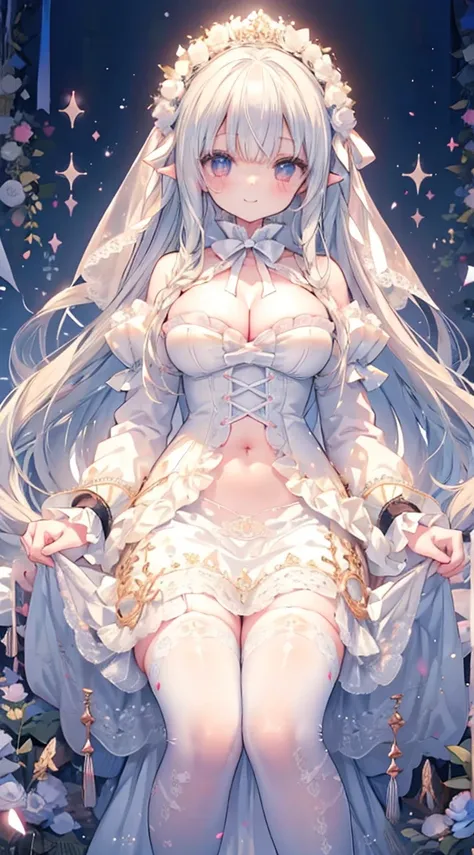 女の子1人、white ribbon dress、、Too large breasts、cleavage of the breast、fluffy and soft long white hair、Large ribbon、ribbon brooch、Sparkling eyes、ribbons are scattered、ribbon princess、white colors、sparkly lace cape、Lace veil、A smile、Navel Ejection、Pale pastel c...