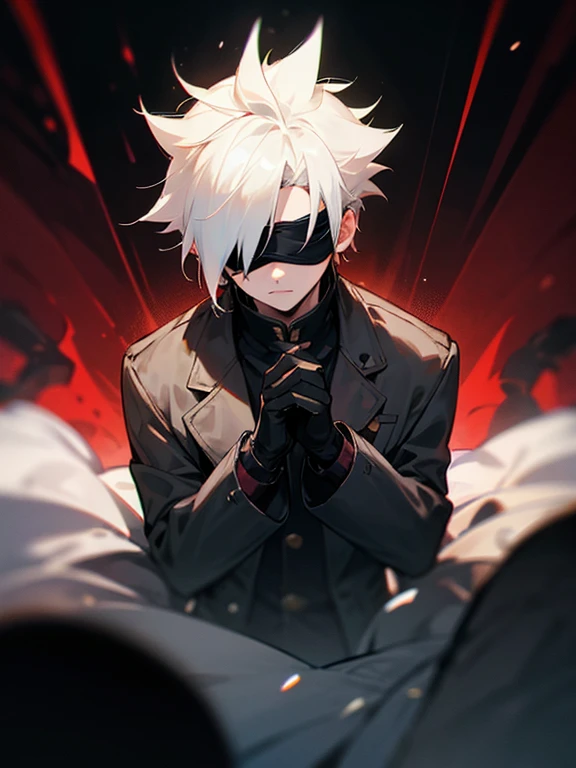 1boy, White_Hair, black_jacket, blindfold, Covered_eyes, depth_de_field, facing_Viewer, Gojo_Satoru, jacket, male_focus,spiked_Hair, trembling, higher_body，