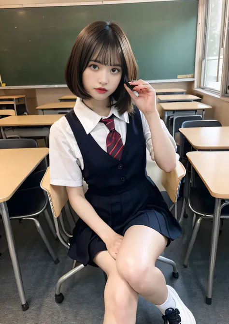 finely detail, hight resolution, hightquality、Bob Layer Cut、Perfect dynamic composition, Beautiful detailed eyes, Bob Layer Cut、Dark classroom、long legged、despise、Looking at the camera、Sitting on a chair、lowfers、shoe、Natural Color Lip, 20yr old、Transparent...