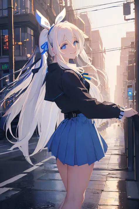 ((Masterpiece), (Best Quality)) (super detailed), ((((solo)))), fullbody, ((((white hair)))), long hair, ((((blue hairribbon)))), ((((blue eyes)))), smile, 18yo, mini skirt, sleeves_past_wrists, Night, colorful cyberpunk city background, winter, after rain...