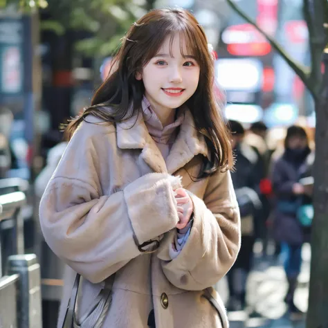 Photorealsitic, 8k full-length portraits, Beautuful Women, A charming expression, sixteen years old, TOKYOcty, Winters, Shibuya in the background