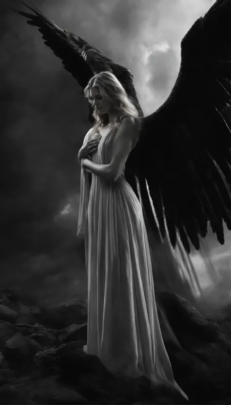 Hyper-detailed, 8K, In heavens black, where shadows loom, An angel fell, consumed by gloom, Wings tarnished, once pure and bright, Now draped in darkness, lost to light, A seraph scorned, a wicked plight, Feathers tainted, turned to night, With eyes ablaze...