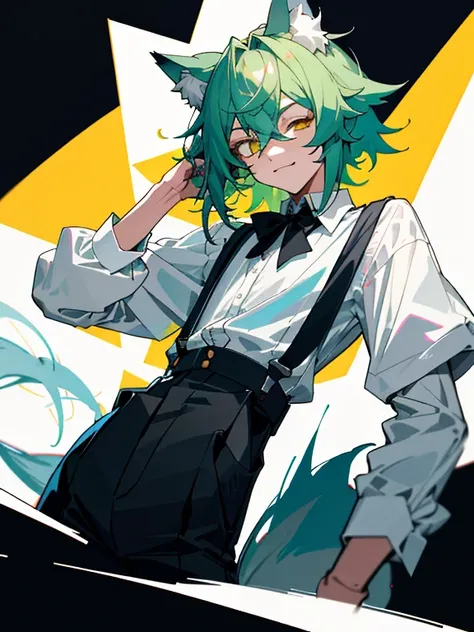 （tmasterpiece：1.2），（beste-Qualit：1.2)， white  shirt， Black skinny suspenders，light green hair， Mullet head， Yellow eyes， wolf ears，wolf tail， Without expressiveness，Orthofacial，the pose，I look at the viewer with my eyes closed，detailed skin，reference sheet...