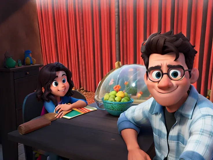 Obra-prima, de melhor qualidade, fundo parque arborizado, mulher linda, homem jovem,  estilo Disney Pixar