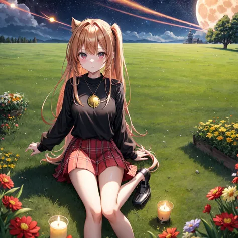 Red-blonde、poneyTail、verd s eyes、one good looking girl、独奏、animesque、lightly dressed、Plaid miniskirt、a black T-shirt、grass field、fullmoon、candle fire、Meteor swarm、starrysky、are flying、golden castle