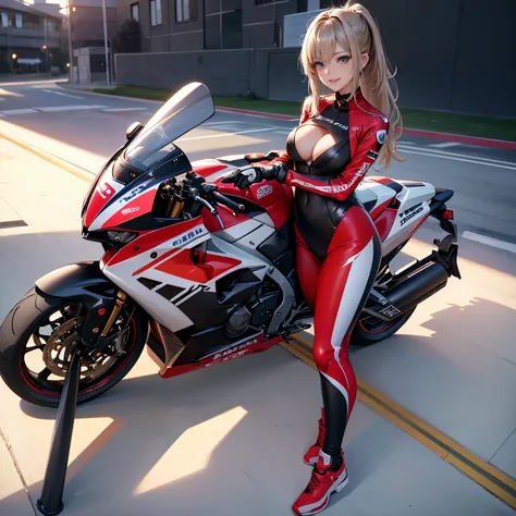 超A high resolution、An ultra-high picture quality、8K、Wonderful expression with attention to detail、1 person woman、Tall slender woman、Woman riding Honda RC211V race bike、Wear a racing suit、A big smile full of cuteness、Circuit scenery、