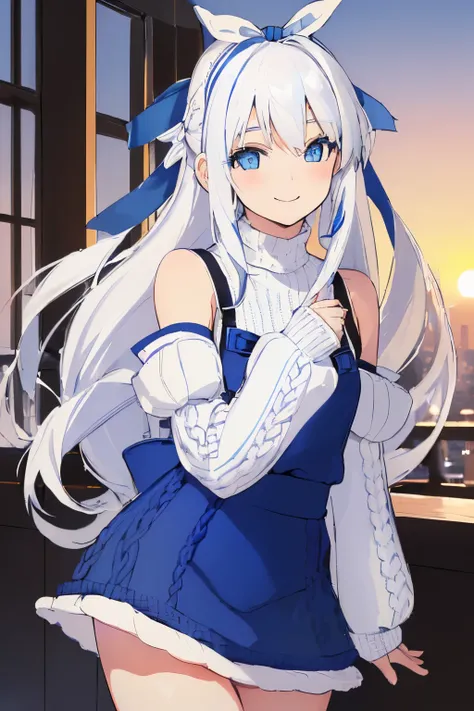 ((Masterpiece), (Best Quality)) (super detailed), ((((solo)))), ((((white hair)))), long hair, ((((blue hairribbon)))), ((((blue eyes)))), smile, 18yo, Cold-Shoulder Sleeves, (((knit))),  Hip Length, mini skirt, sleeves_past_wrists, sunset, cafe, in the to...