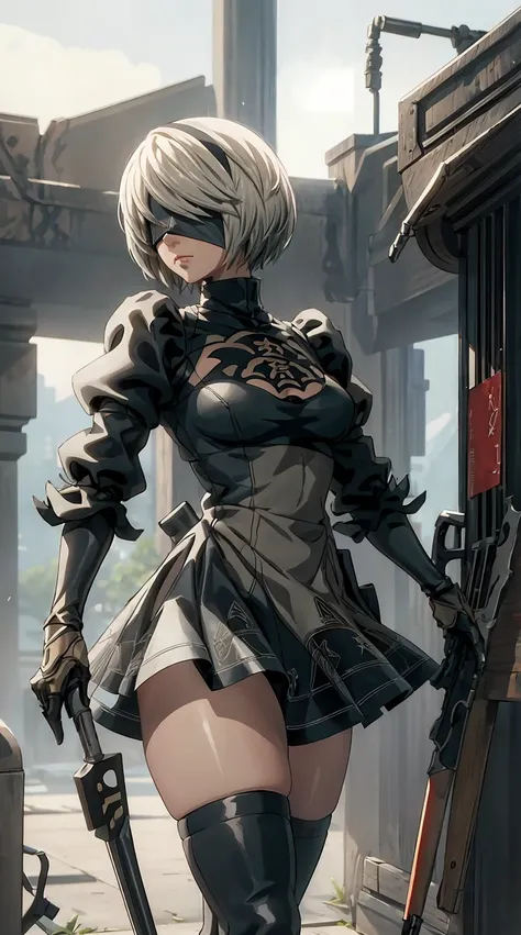 (2b,nier:automata),blindfold,have a weapon,best quality, high quality, 8k, masterpiece