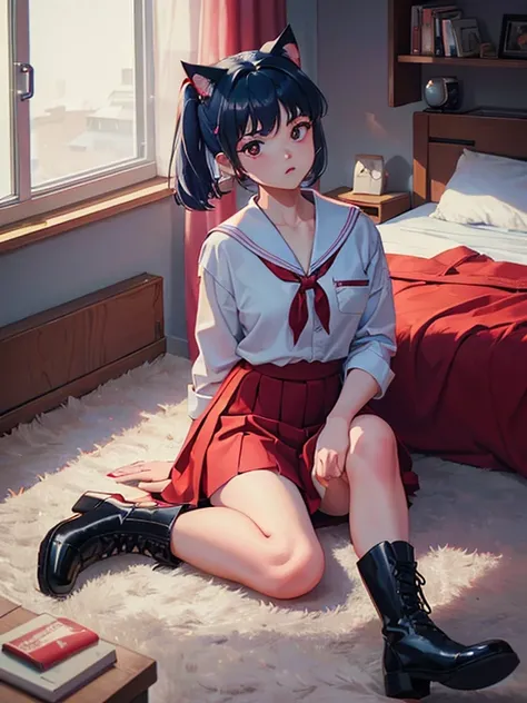 1girl, Short blue hair, red eyes, wear a white Japanese uniform, red skirt with checkerboard texture, leather high heels and boots, black stockings, she runs out of the room in despair, ito&#39;s on the right side of the screen, she ruined, High viewing an...